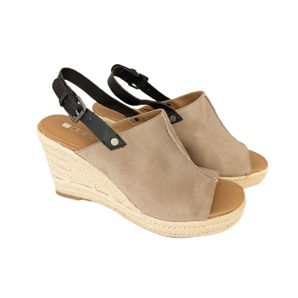 Dolcetta Taupe/Black Peep Toe Sling Back Espadrille Wedge Women's Size 8